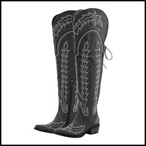 Western Cowboy Boots Thigh High Wide Calf Embroidered Pull On Chunky Heel